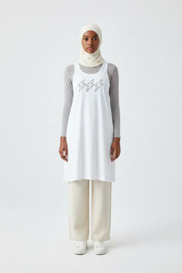 White Racerback Layering Athletic Dress — Hijabi Energy Minimal Script - Modestly Vogue 