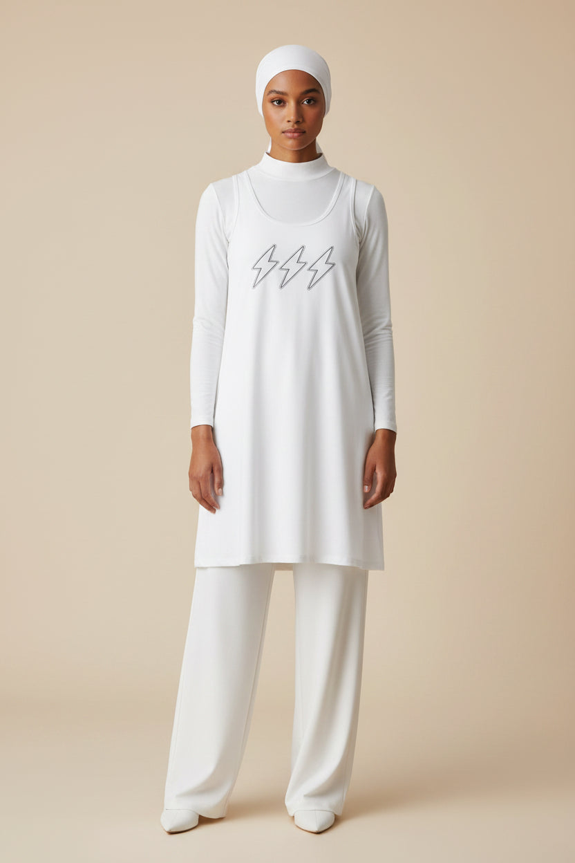 White Racerback Layering Athletic Dress — Hijabi Energy Minimal Script - Modestly Vogue 
