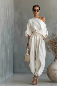 Solid Color Casual Pant Co-ord Set with Long Sleeve and Loose Fit Bloomers in Cotton and Linen Fabric, Stretchy - Modestly Vogue 