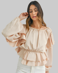 Oatmeal Lace-Up Keyhole Peplum Blouse – Ruffled & Feminine Top - Modestly Vogue 
