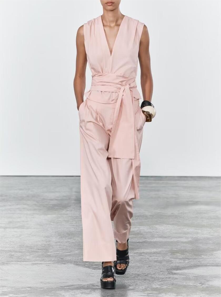 Women Poplin Design V neck Top High Waist Straight Wide Leg Pants Sets - Modestly Vogue 
