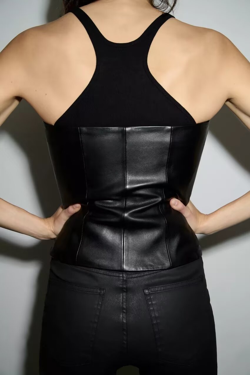 Black Women Single Breasted Short Faux Leather Off Neck Tight Backless Small Tube Top