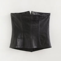 Black Women Single Breasted Short Faux Leather Off Neck Tight Backless Small Tube Top