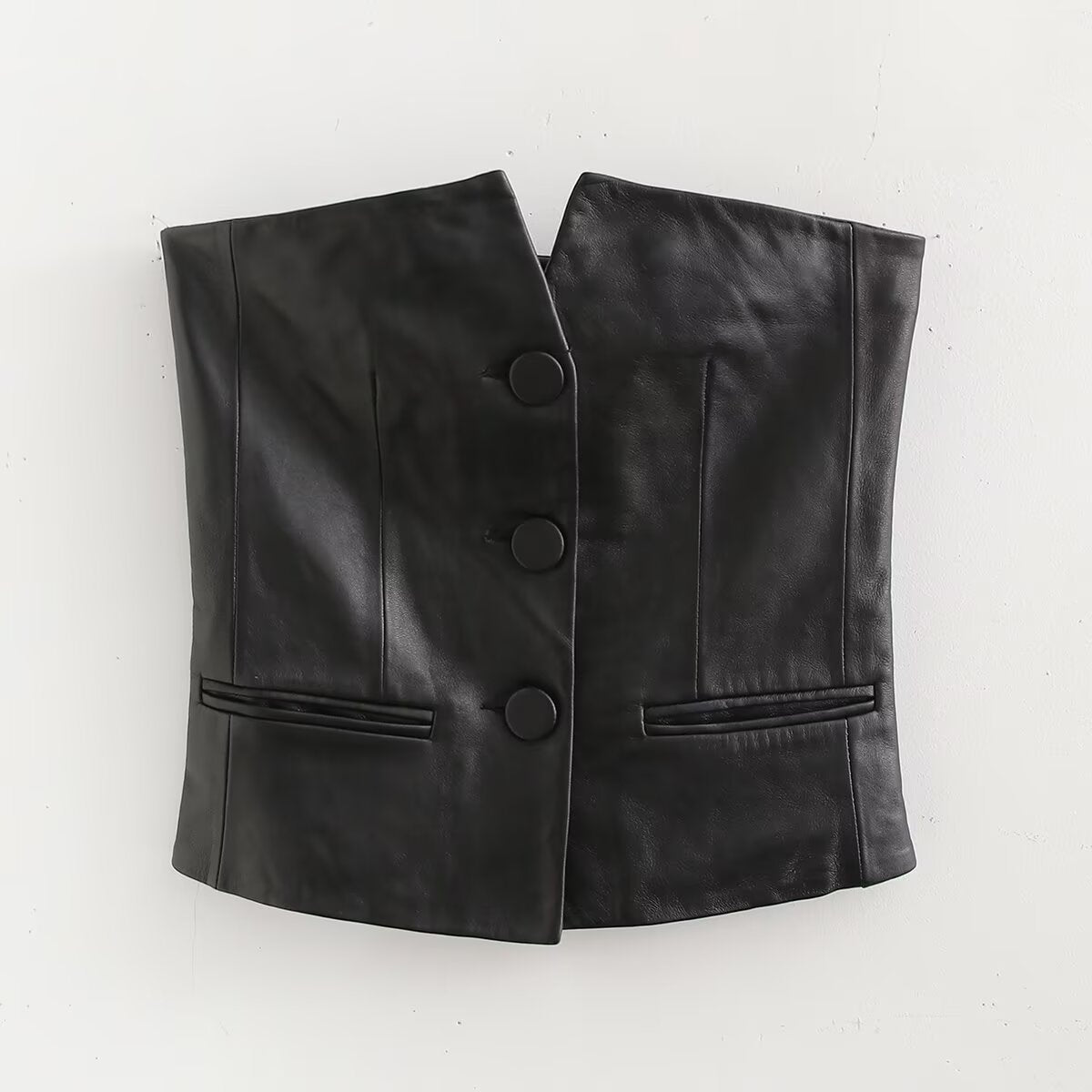 Black Women Single Breasted Short Faux Leather Off Neck Tight Backless Small Tube Top