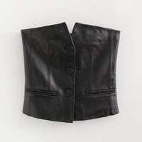 Black Women Single Breasted Short Faux Leather Off Neck Tight Backless Small Tube Top