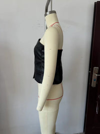 Black Women Single Breasted Short Faux Leather Off Neck Tight Backless Small Tube Top