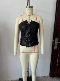 Black Women Single Breasted Short Faux Leather Off Neck Tight Backless Small Tube Top