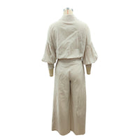 Autumn Solid Color Long Sleeved Shirt Wide Leg Pants Cotton Linen Two Piece Sets - Modestly Vogue 