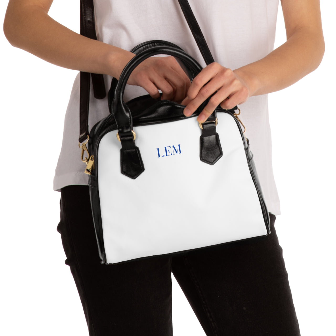 LEM Cobalt Blue Signature Satchel Shoulder Handbag — Classic Black & White Tote - Modestly Vogue 