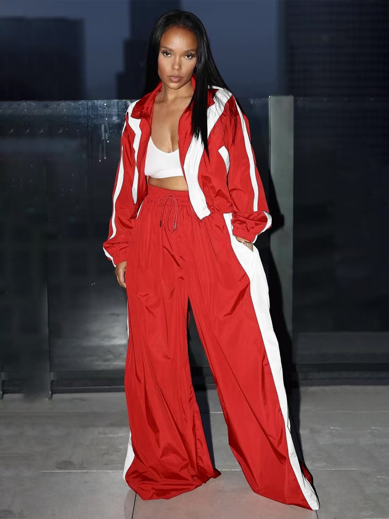 Black Zipper Waist Stitching Contrast Color Oversized Super Trendy Two Piece Suit