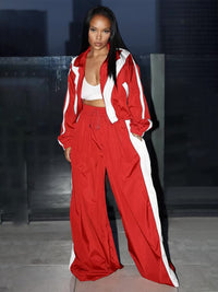 Black Zipper Waist Stitching Contrast Color Oversized Super Trendy Two Piece Suit