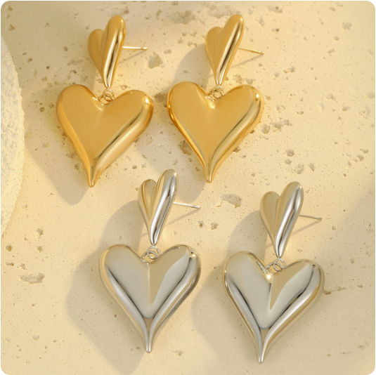 18K Gold Heart Tassel Earrings – Stainless Steel Cutout
