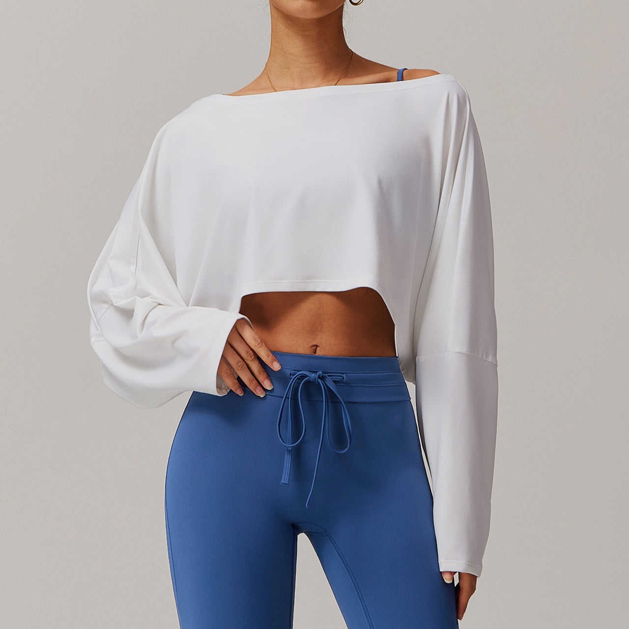 Off Shoulder Cropped Batwing Sleeve Long Sleeve Yoga Top - Modestly Vogue 