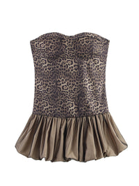Leopard Splicing Tube Top Bubble Summer off the Shoulder Party Cocktail Short Dress Slim Fit Mini Dress
