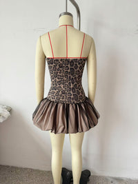 Leopard Splicing Tube Top Bubble Summer off the Shoulder Party Cocktail Short Dress Slim Fit Mini Dress