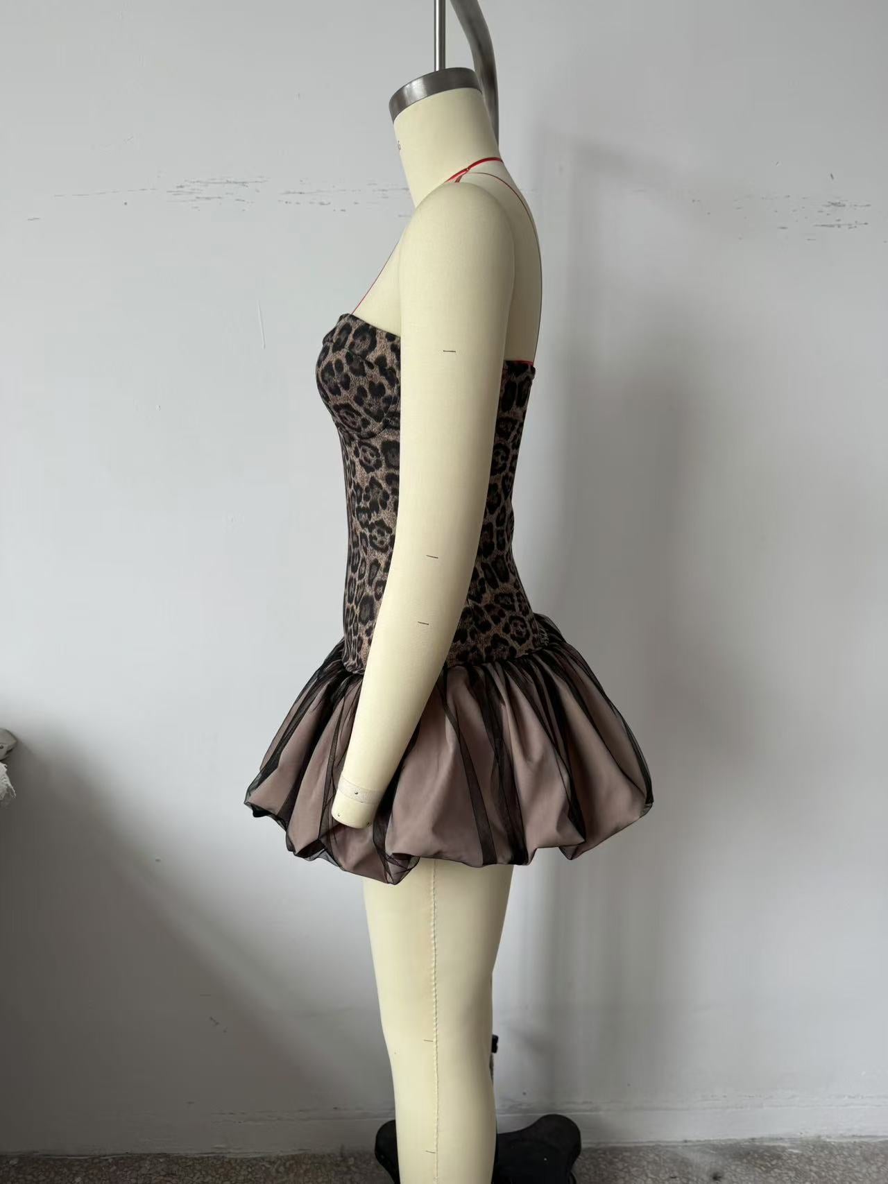 Leopard Splicing Tube Top Bubble Summer off the Shoulder Party Cocktail Short Dress Slim Fit Mini Dress