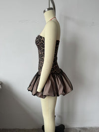 Leopard Splicing Tube Top Bubble Summer off the Shoulder Party Cocktail Short Dress Slim Fit Mini Dress