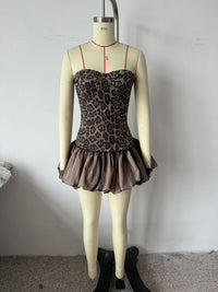 Leopard Splicing Tube Top Bubble Summer off the Shoulder Party Cocktail Short Dress Slim Fit Mini Dress