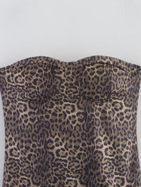 Leopard Splicing Tube Top Bubble Summer off the Shoulder Party Cocktail Short Dress Slim Fit Mini Dress