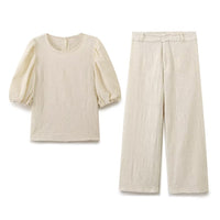 Women Clothing Retro Puff Sleeve Embroidered Shirt High Waist Wide Leg Pants - Modestly Vogue 