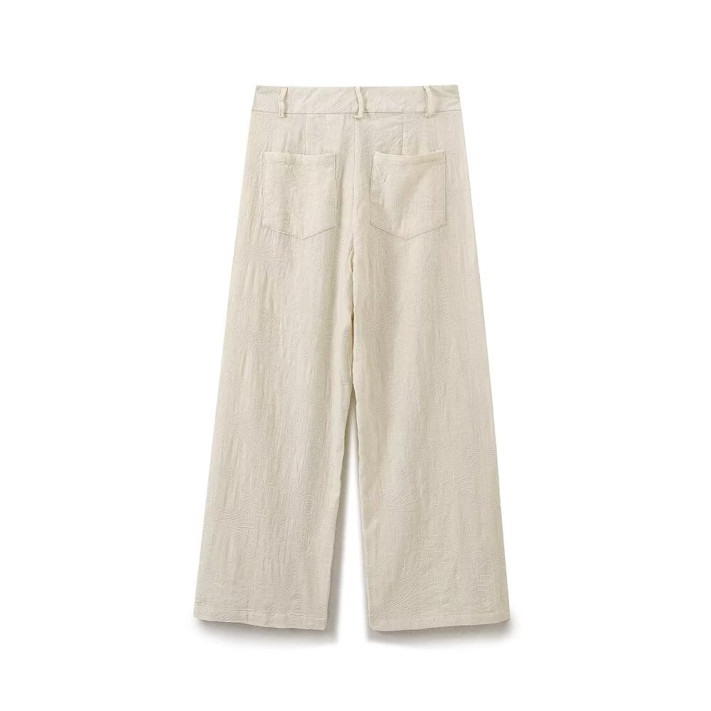 Women Clothing Retro Puff Sleeve Embroidered Shirt High Waist Wide Leg Pants - Modestly Vogue 