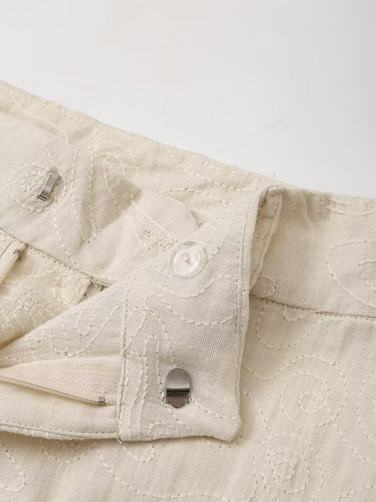 Women Clothing Retro Puff Sleeve Embroidered Shirt High Waist Wide Leg Pants - Modestly Vogue 