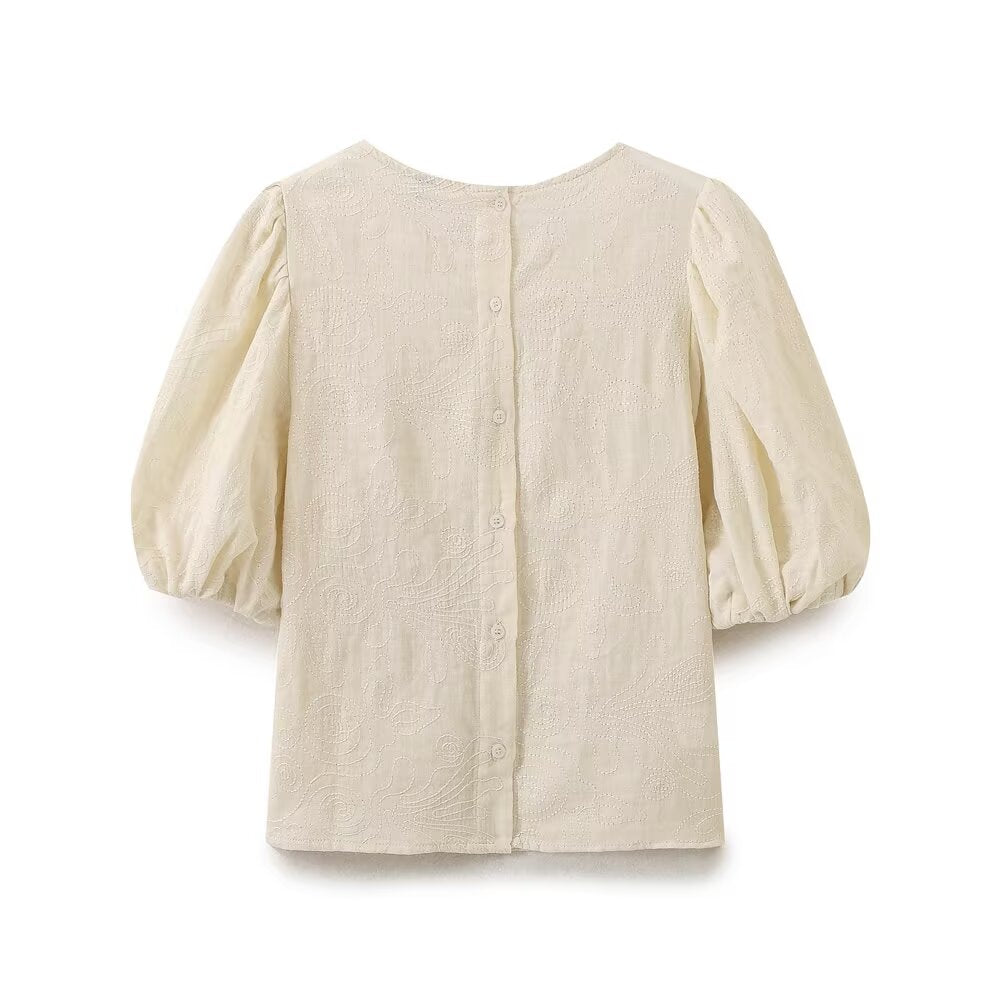 Women Clothing Retro Puff Sleeve Embroidered Shirt High Waist Wide Leg Pants - Modestly Vogue 