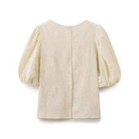 Women Clothing Retro Puff Sleeve Embroidered Shirt High Waist Wide Leg Pants - Modestly Vogue 