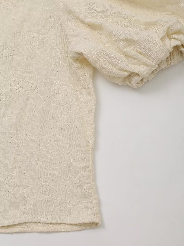 Women Clothing Retro Puff Sleeve Embroidered Shirt High Waist Wide Leg Pants - Modestly Vogue 