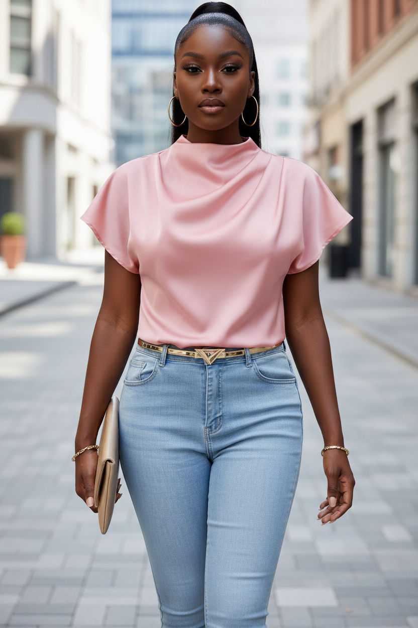 Women’s Pleated Satin Top – Round Neck Short Sleeve Blouse - Modestly Vogue 