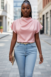 Women’s Pleated Satin Top – Round Neck Short Sleeve Blouse - Modestly Vogue 