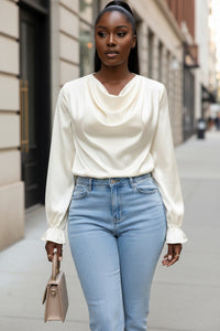 Women’s Ruffle Sleeve Satin Shirt – Elegant Long Sleeve Blouse - Modestly Vogue 