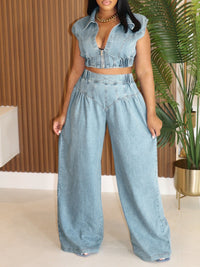 Blue Denim Jeans Sleeveless Two Piece Set - Modestly Vogue 