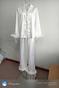 Spring Summer White Cardigan Lace up Feather Long Sleeved Trousers Pajamas Women Can Be Outerwear Homewear - Modestly Vogue 