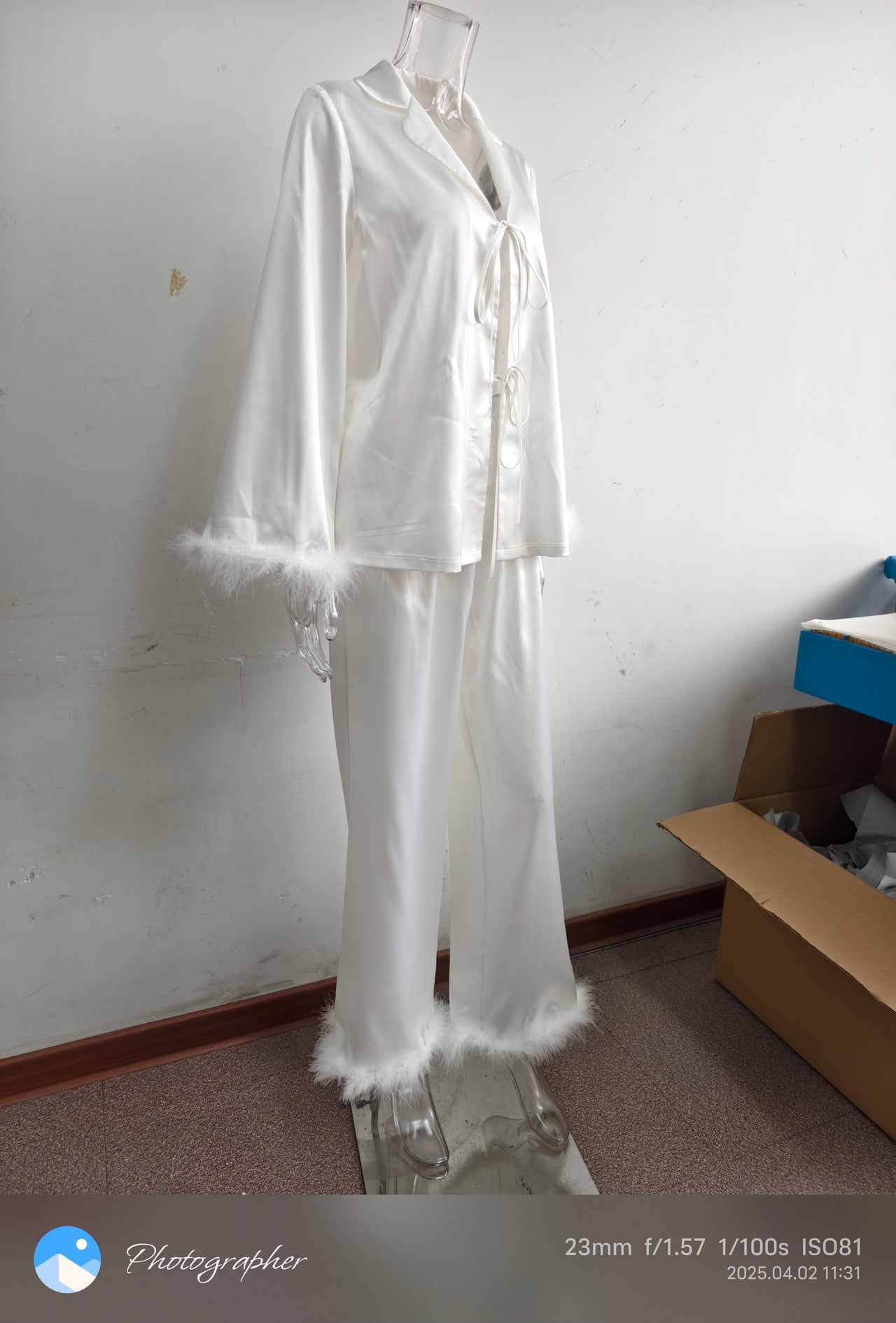 Spring Summer White Cardigan Lace up Feather Long Sleeved Trousers Pajamas Women Can Be Outerwear Homewear - Modestly Vogue 