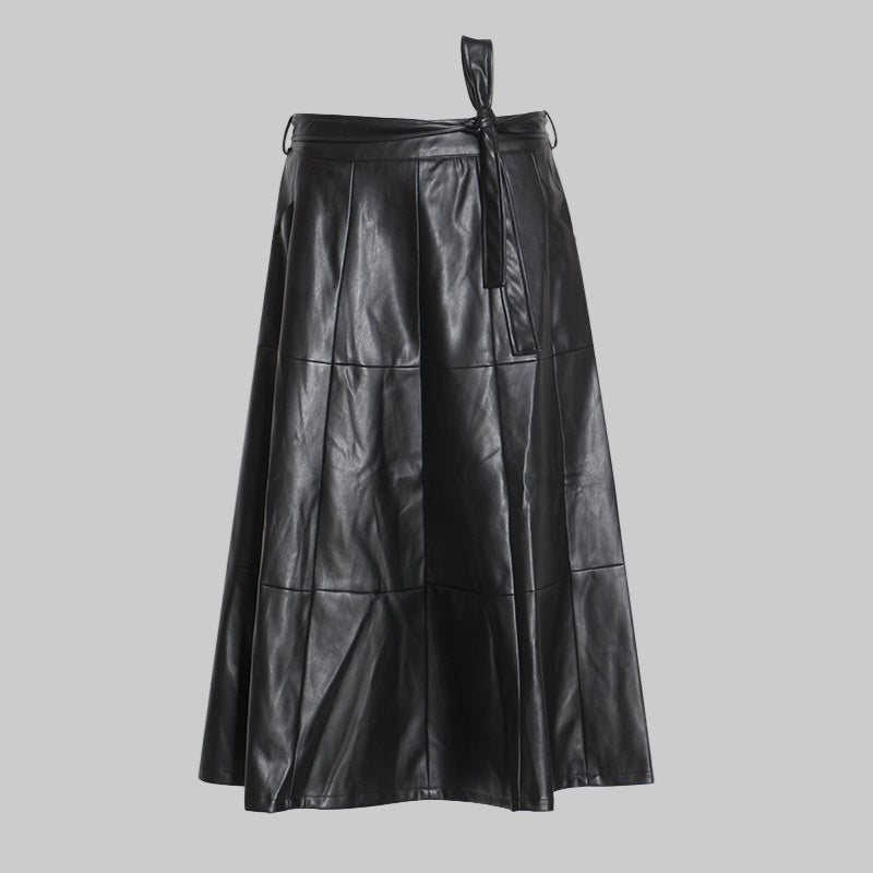 High waist long A-line PU leather skirt - Modestly Vogue 