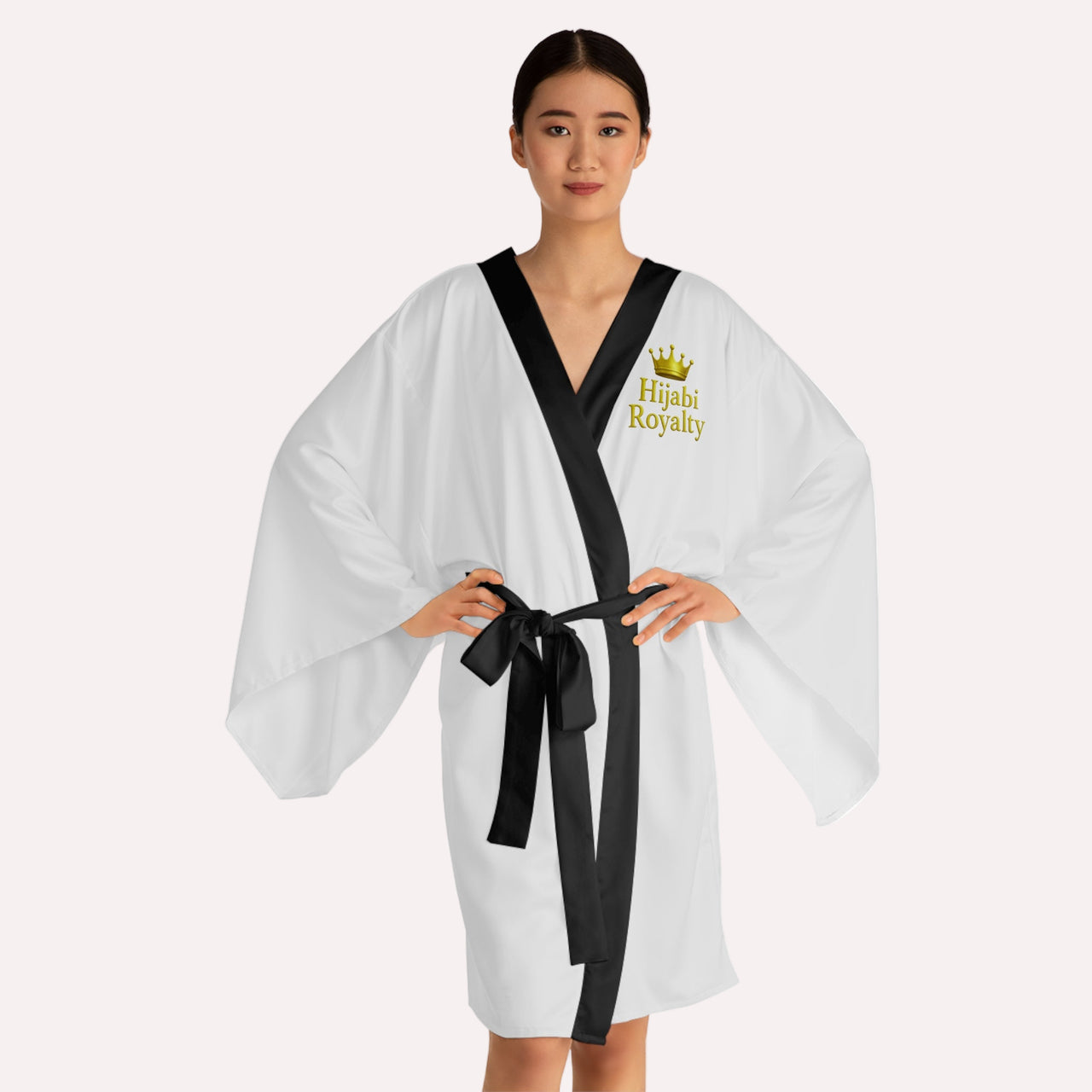 Hijabi Royalty™ Luxe Contrast Edition Kimono Robe – Luxury Spa Long Sleeve Robe with Crown Logo