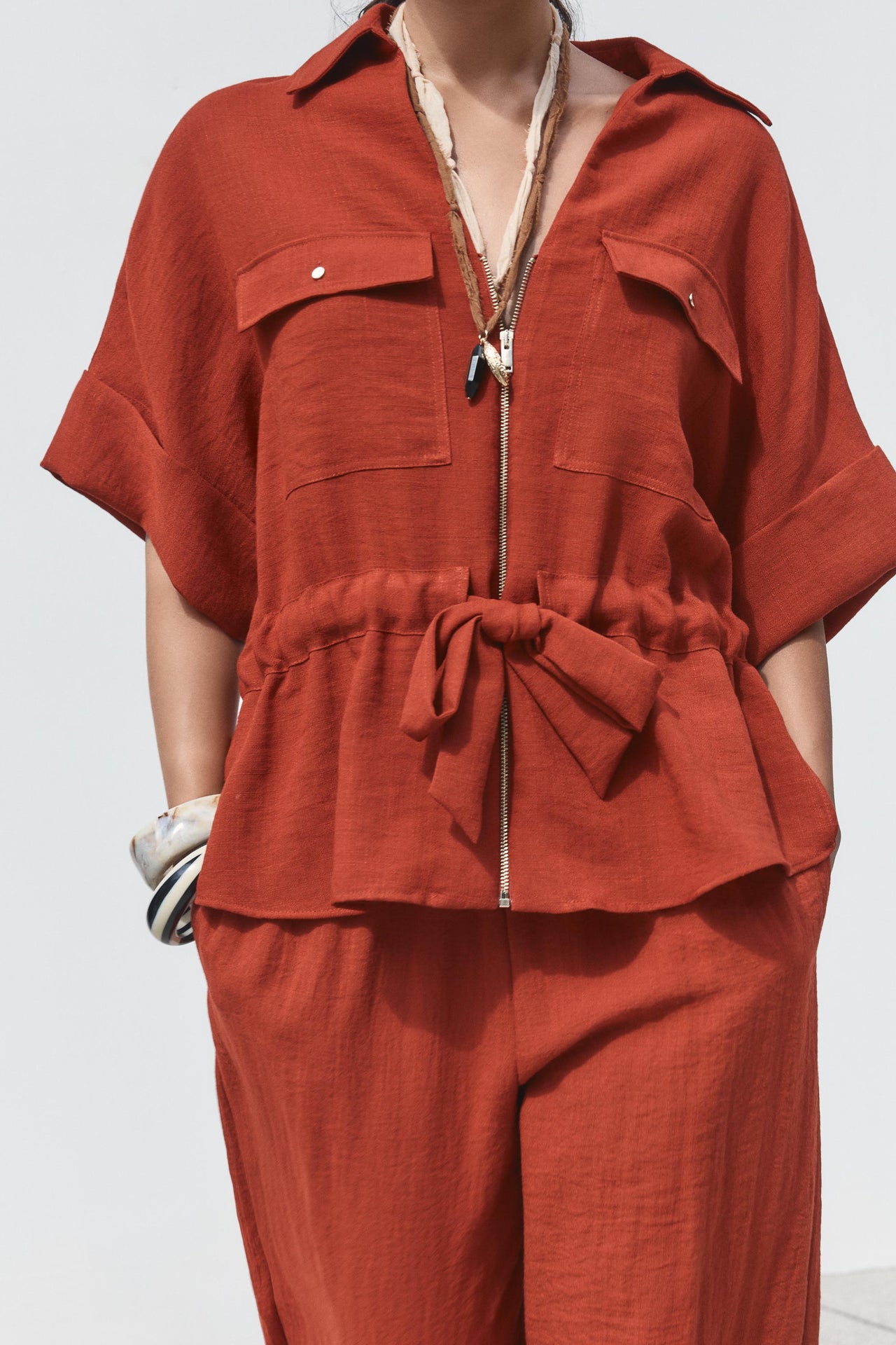 Women Hunting Long Sleeve Collared Shirt Elastic Waist Wide Leg Pants - Modestly Vogue 