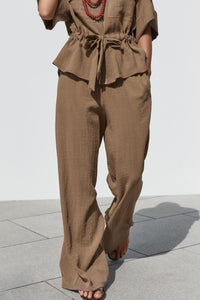 Women Hunting Long Sleeve Collared Shirt Elastic Waist Wide Leg Pants - Modestly Vogue 