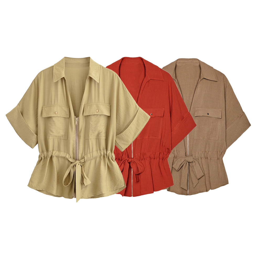 Women Hunting Long Sleeve Collared Shirt Elastic Waist Wide Leg Pants - Modestly Vogue 