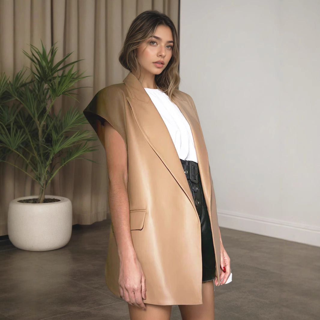 Collar Leather High Grade Sleeveless Lace up Waist Double Pocket Velvet Vest Jacket Coat - Modestly Vogue 