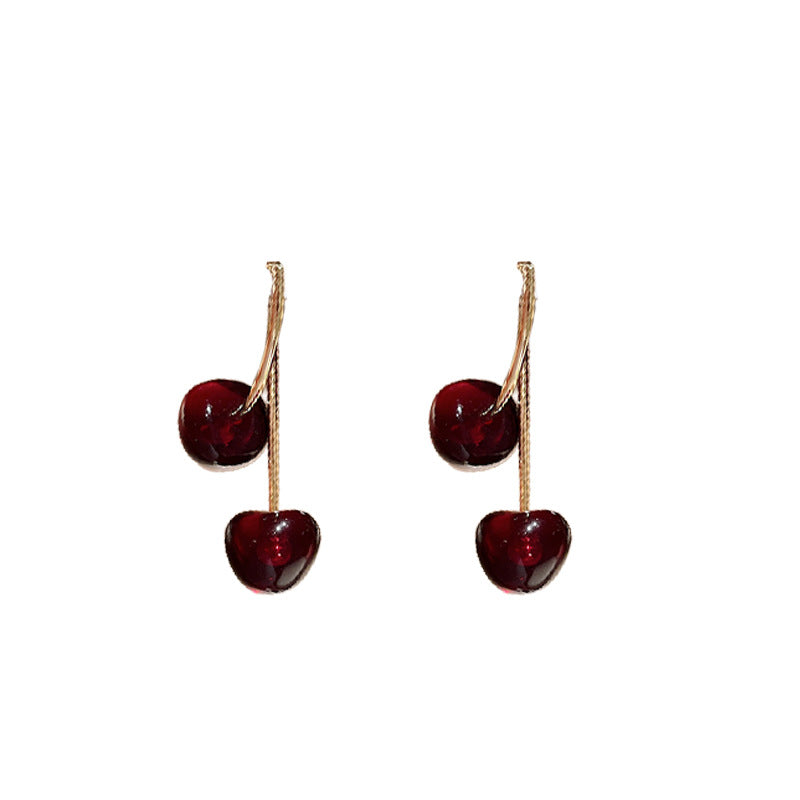 Silver Needle Vintage Cherry Resin Stud Earrings Niche Temperament Design Sense - Modestly Vogue 