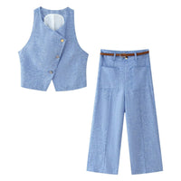 Summer Linen Double Breasted Vest Wide Leg Pants Sets - Modestly Vogue 