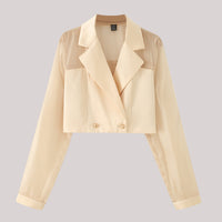 Neutral Women Clothing Yarn Stitching Satin Double Breasted Short Blazers - Modestly Vogue 