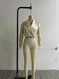 Neutral Women Clothing Yarn Stitching Satin Double Breasted Short Blazers - Modestly Vogue 