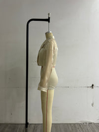 Neutral Women Clothing Yarn Stitching Satin Double Breasted Short Blazers - Modestly Vogue 