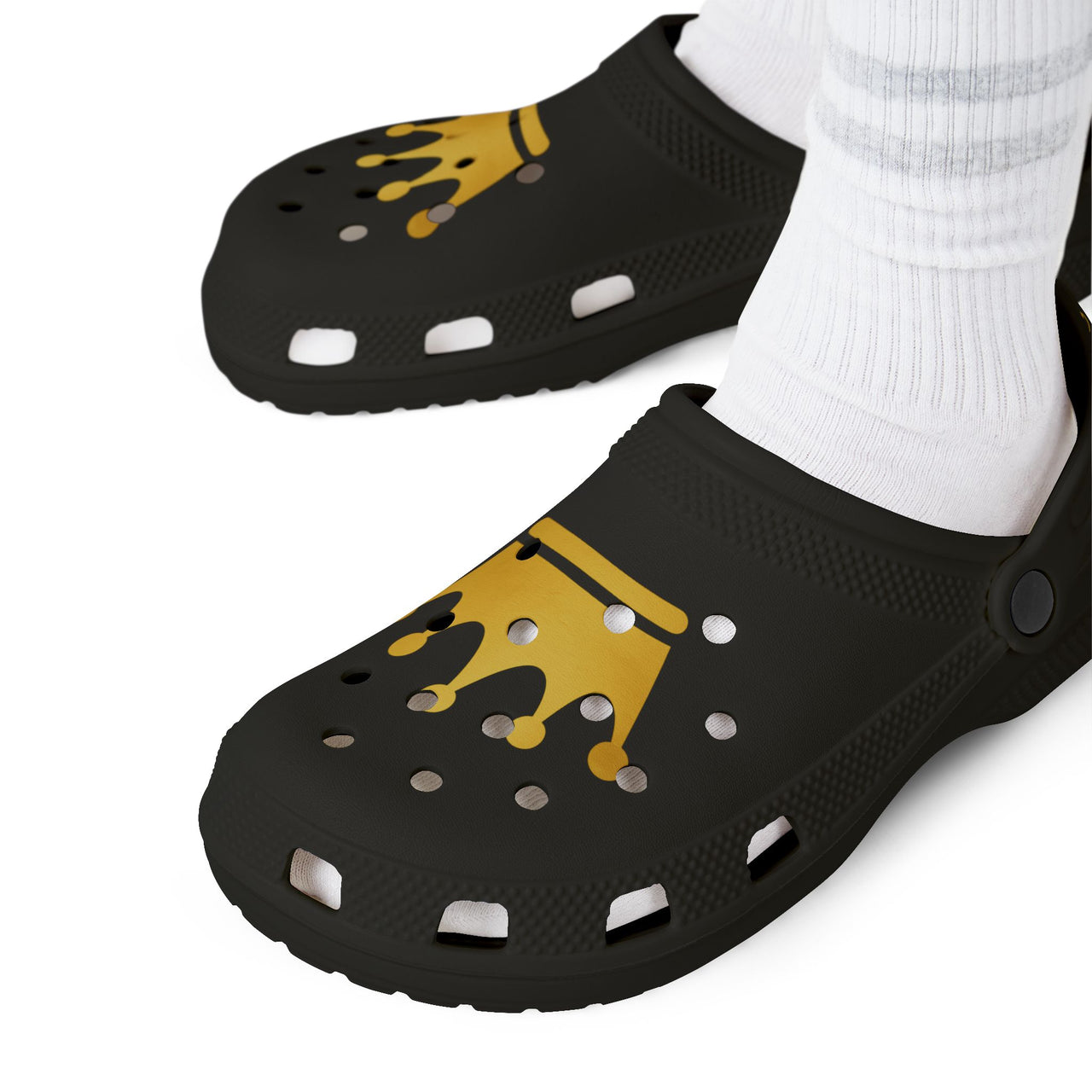 Crown Graphic EVA Foam Clogs — Lightweight Black Slip-On Shoes