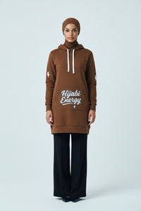 Hijabi Energy  Hoodie Dress — ' Hijabi Girl’' Cozy Women's Pullover Brown - Modestly Vogue 