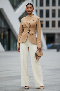 Women’s Asymmetric Slim Fit Jacket – Flounce Waist Design - Modestly Vogue 