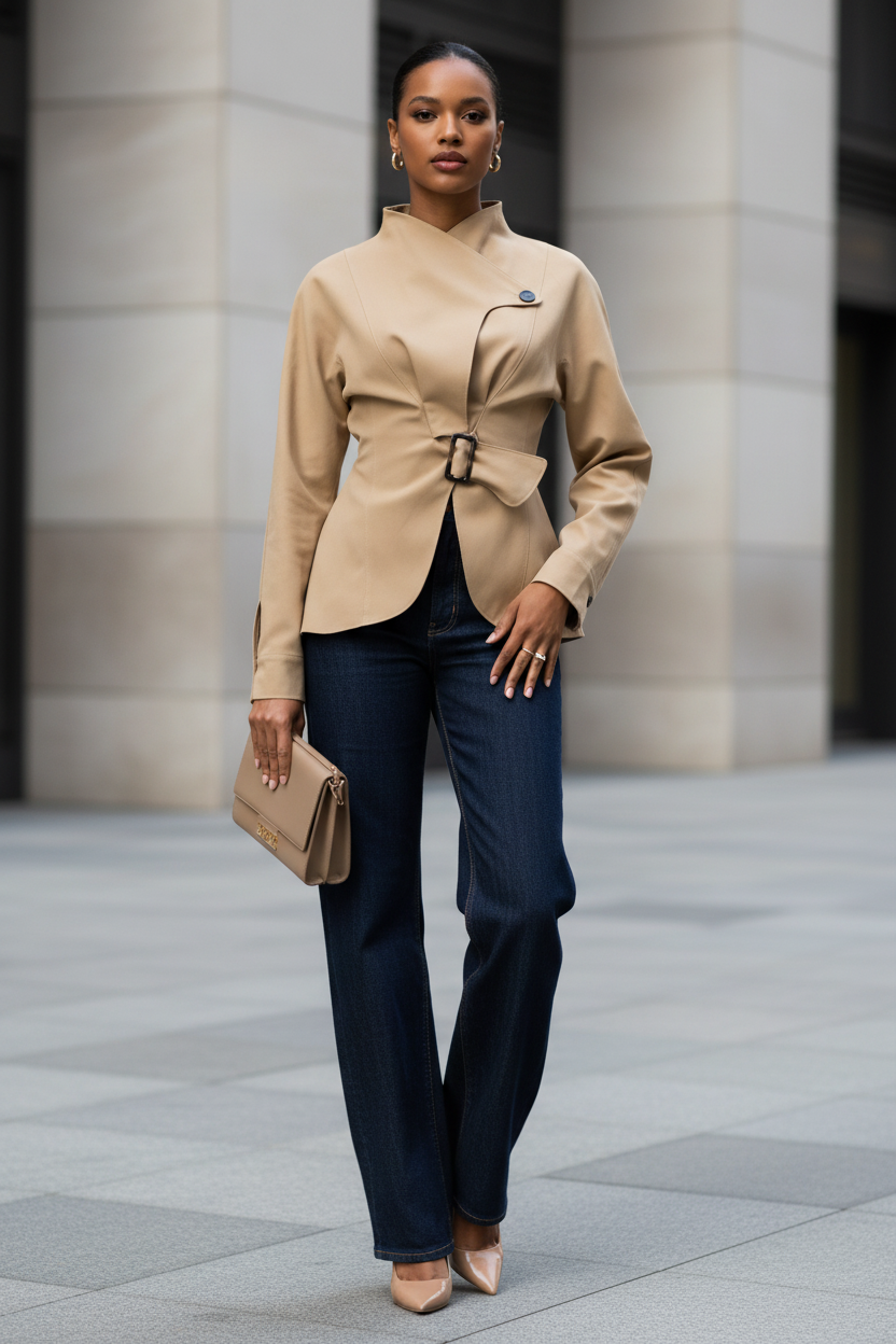 Women’s Asymmetric Slim Fit Jacket – Flounce Waist Design - Modestly Vogue 